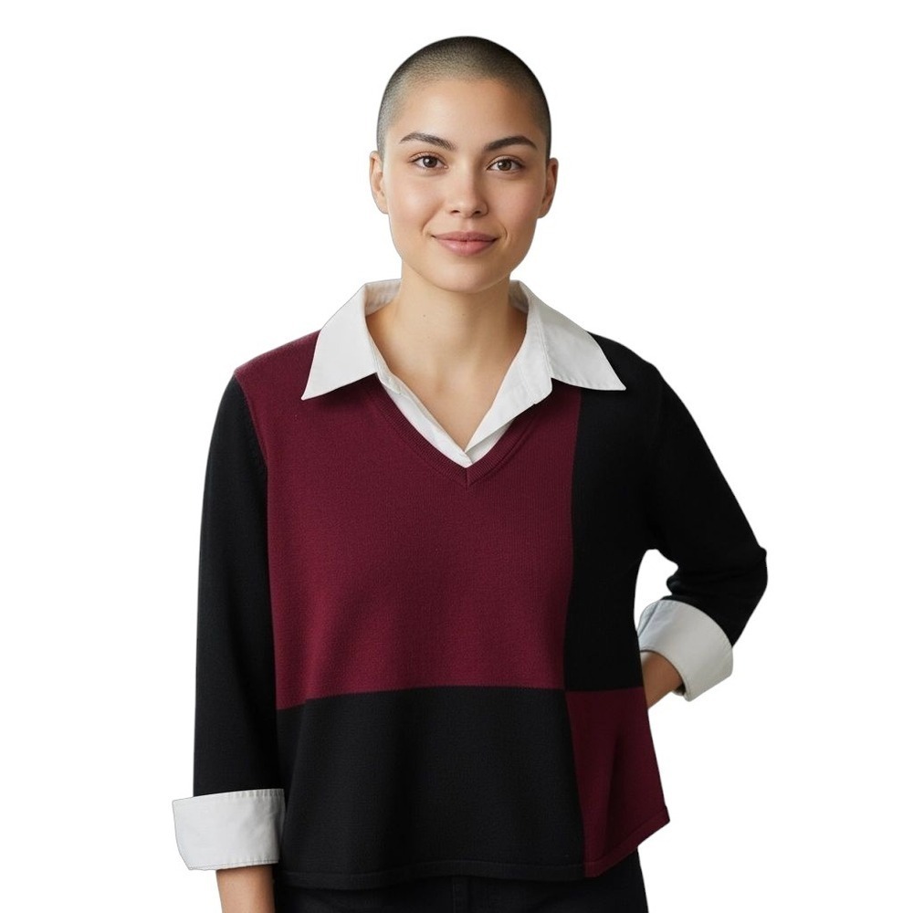 NY Collection Womens XL Colorblock V Neck Long Sleeve Top Black Burgundy Ivory